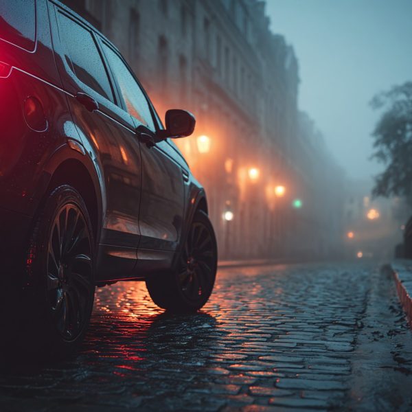 A_low-angle_shot_of_a_compact_SUV_turning_on_a_cobblestone_ro_05ee920c-ced2-4e01-a394-bb83d428761a_2